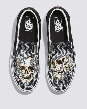 Vans Classic Slip-On Flame Skull Shoe Men Slip On Shoes Black / White | DT1-0987