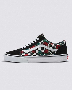 Vans Customs Checkerboard Roses Old Skool Women Sneakers White / Black / Red | VR1-5880