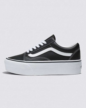 Vans Old Skool Stackform Leather Shoe Women Platform Shoes Black / White | AZ1-5007