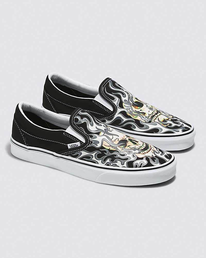 Vans Classic Slip-On Flame Skull Shoe Men Slip On Shoes Black / White | DT1-0987