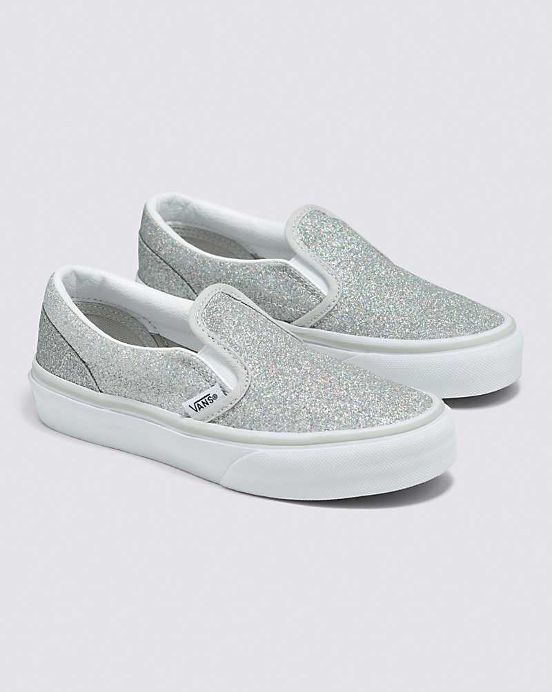 Vans Classic Slip-On Glitter Shoe Kids' Slip On Shoes Silver / White | XB1-1730