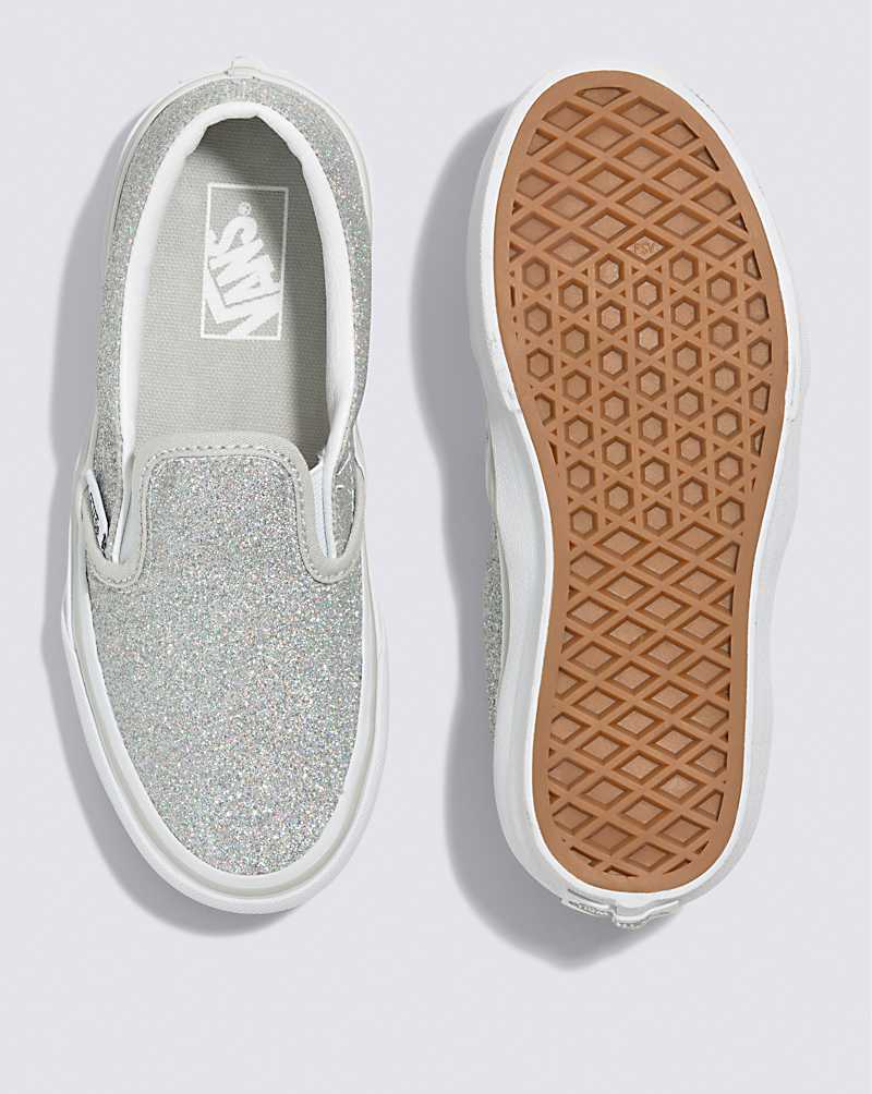 Vans Classic Slip-On Glitter Shoe Kids' Slip On Shoes Silver / White | XB1-1730