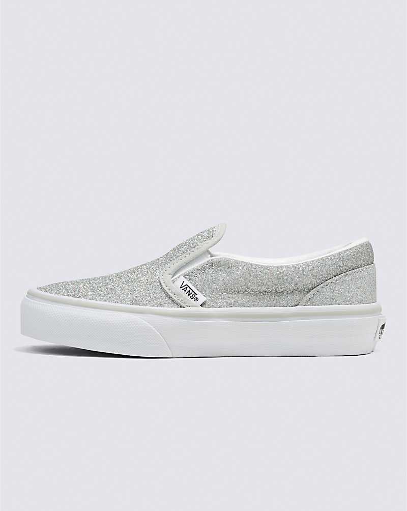 Vans Classic Slip-On Glitter Shoe Kids\' Slip On Shoes Silver / White | XB1-1730