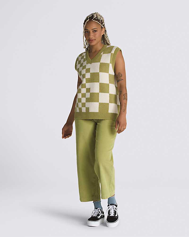 Vans Courtyard Checker Sweater Women Vest Green Olive | ZL1-0192