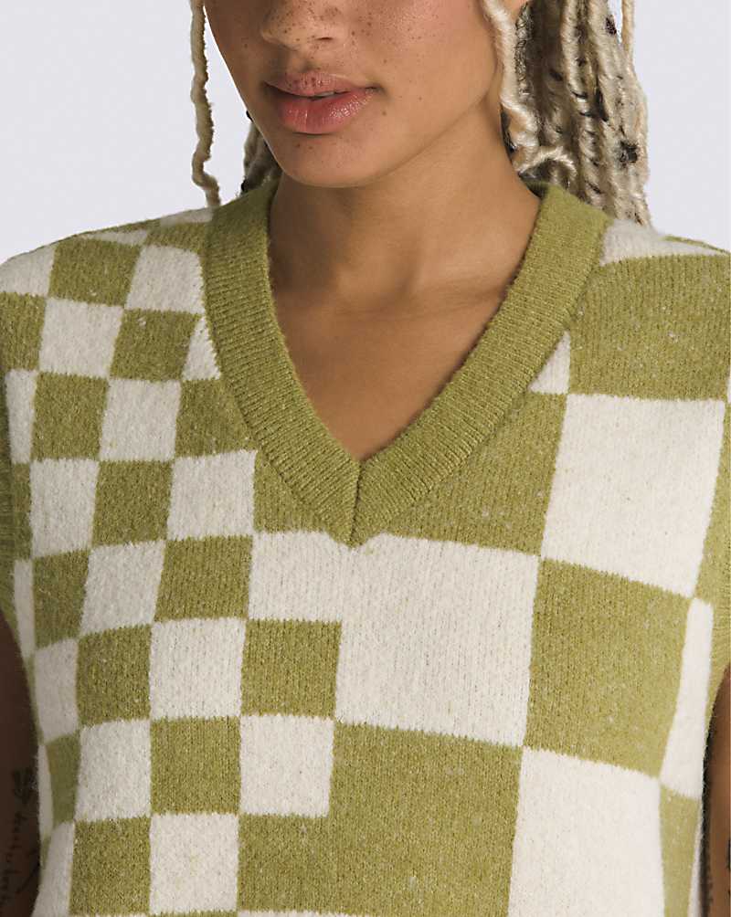 Vans Courtyard Checker Sweater Women Vest Green Olive | ZL1-0192