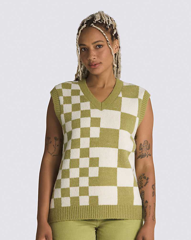 Vans Courtyard Checker Sweater Women Vest Green Olive | ZL1-0192