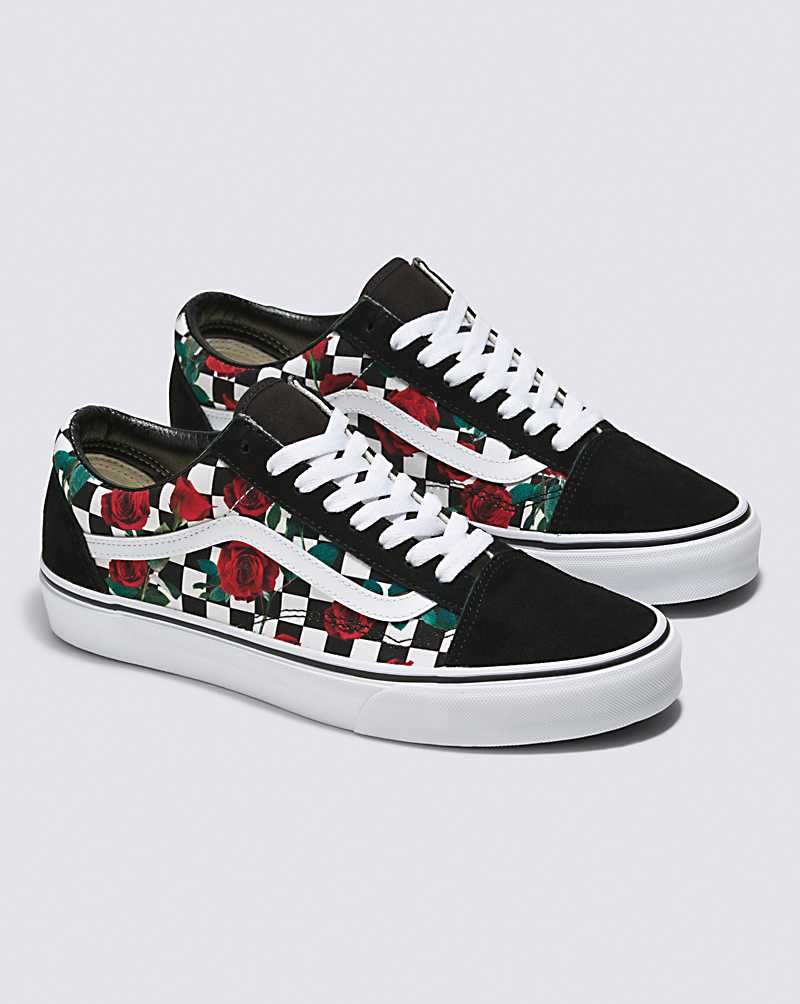 Vans Customs Checkerboard Roses Old Skool Women Sneakers White / Black / Red | VR1-5880