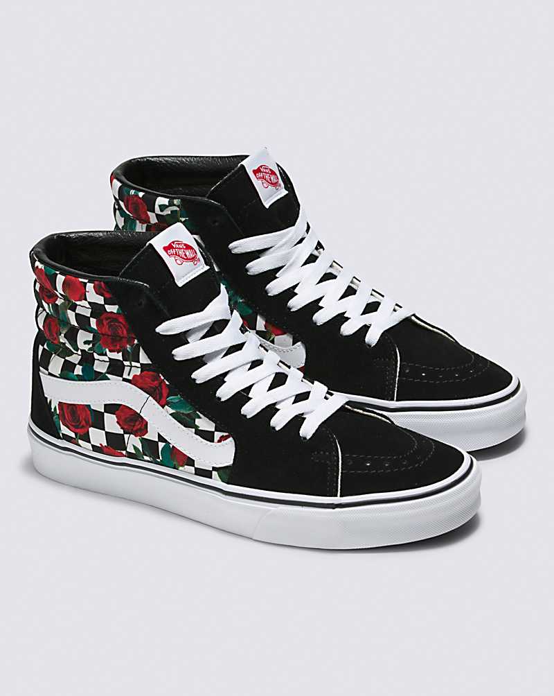 Vans Customs Checkerboard Roses SK8-Hi Men High Top Sneakers White / Black / Red | BW1-9078