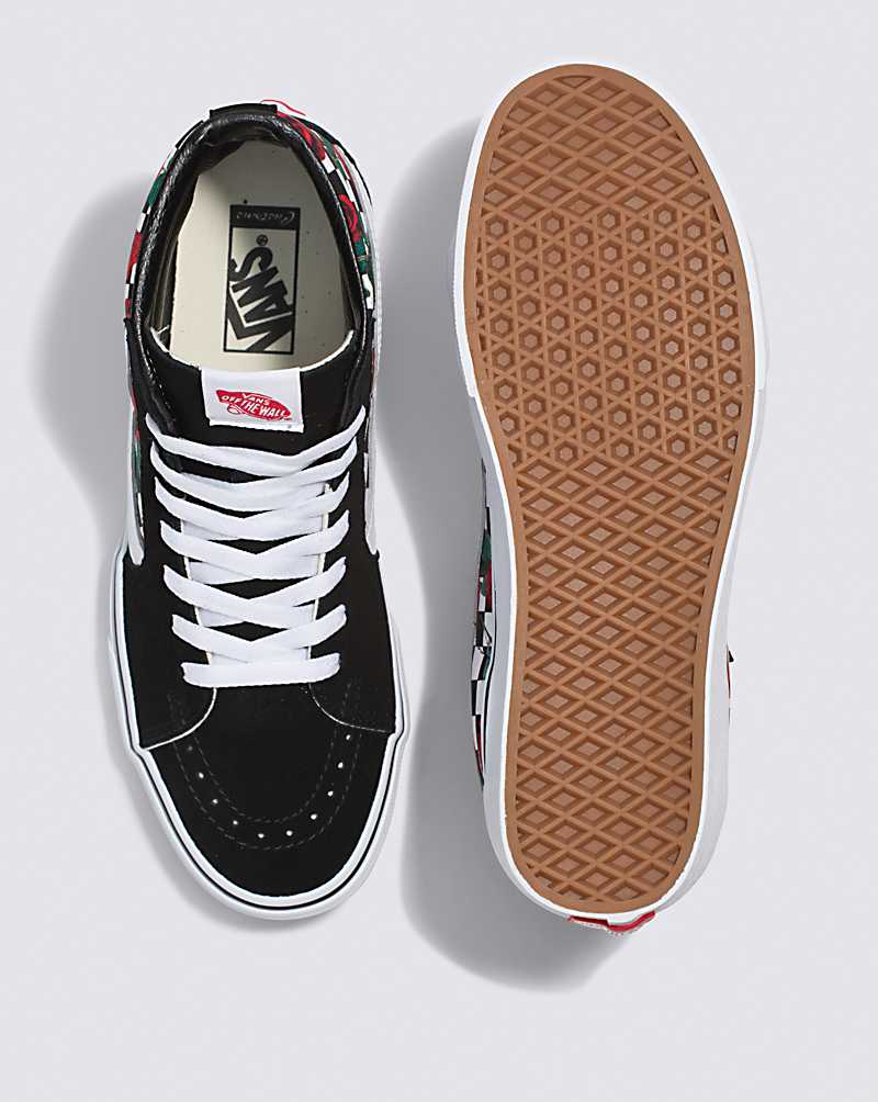 Vans Customs Checkerboard Roses SK8-Hi Men High Top Sneakers White / Black / Red | BW1-9078