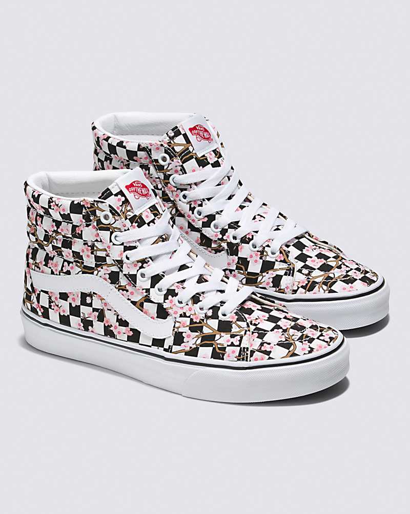 Vans Customs Cherry Blossom Checkerboard SK8-Hi Women High Top Sneakers White / Black / Pink | LO1-8475