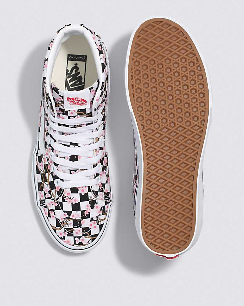 Vans Customs Cherry Blossom Checkerboard SK8-Hi Women High Top Sneakers White / Black / Pink | LO1-8475