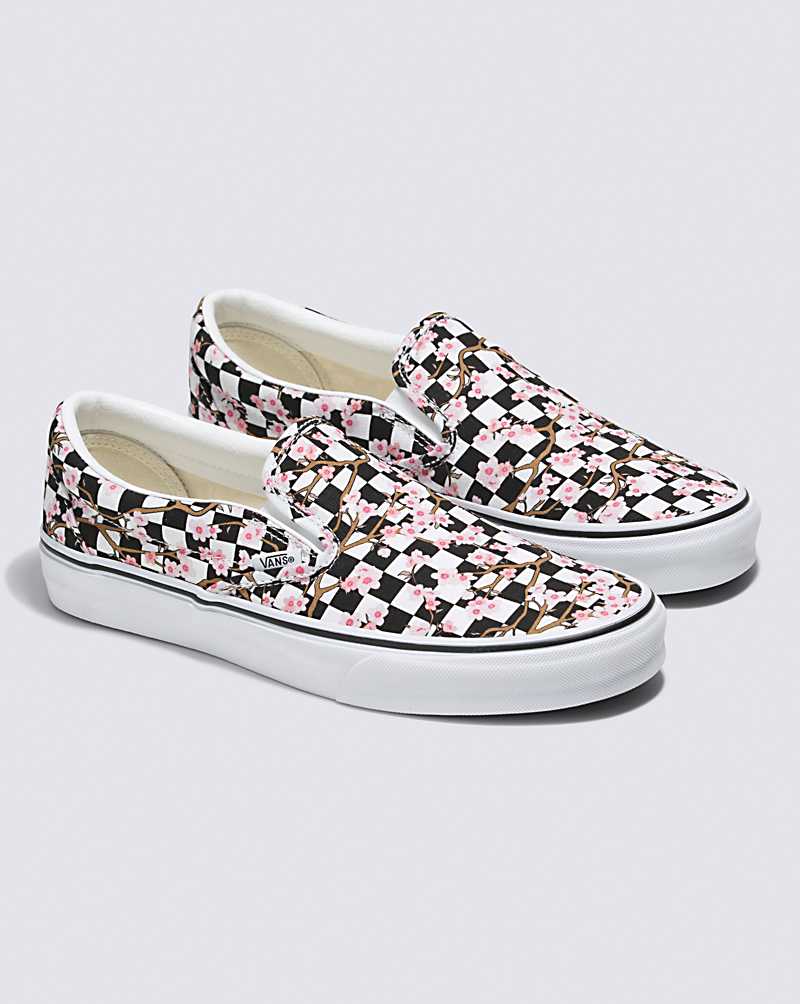 Vans Customs Cherry Blossom Checkerboard Slip-On Women Slip On Shoes White / Black / Pink | BI1-5956