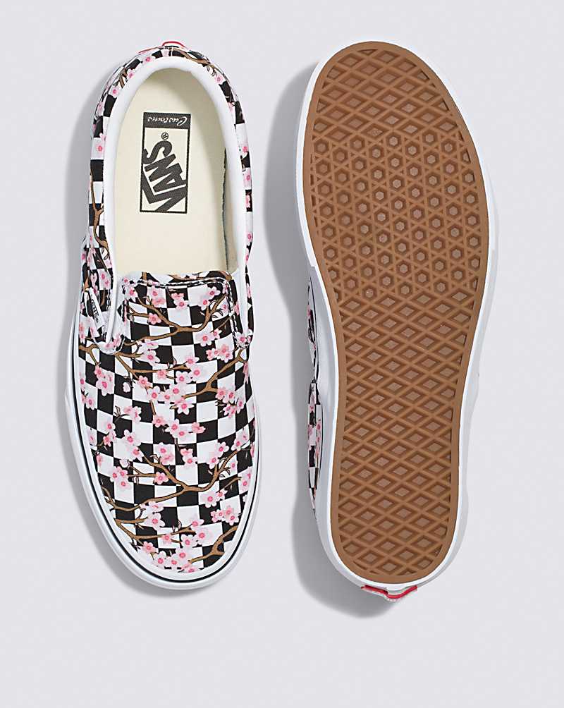 Vans Customs Cherry Blossom Checkerboard Slip-On Women Slip On Shoes White / Black / Pink | BI1-5956