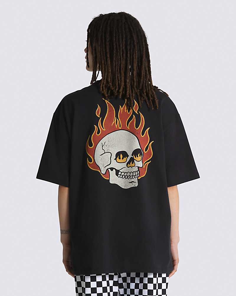 Vans Flaming Skull Washed Men T Shirts Black | UM1-2456