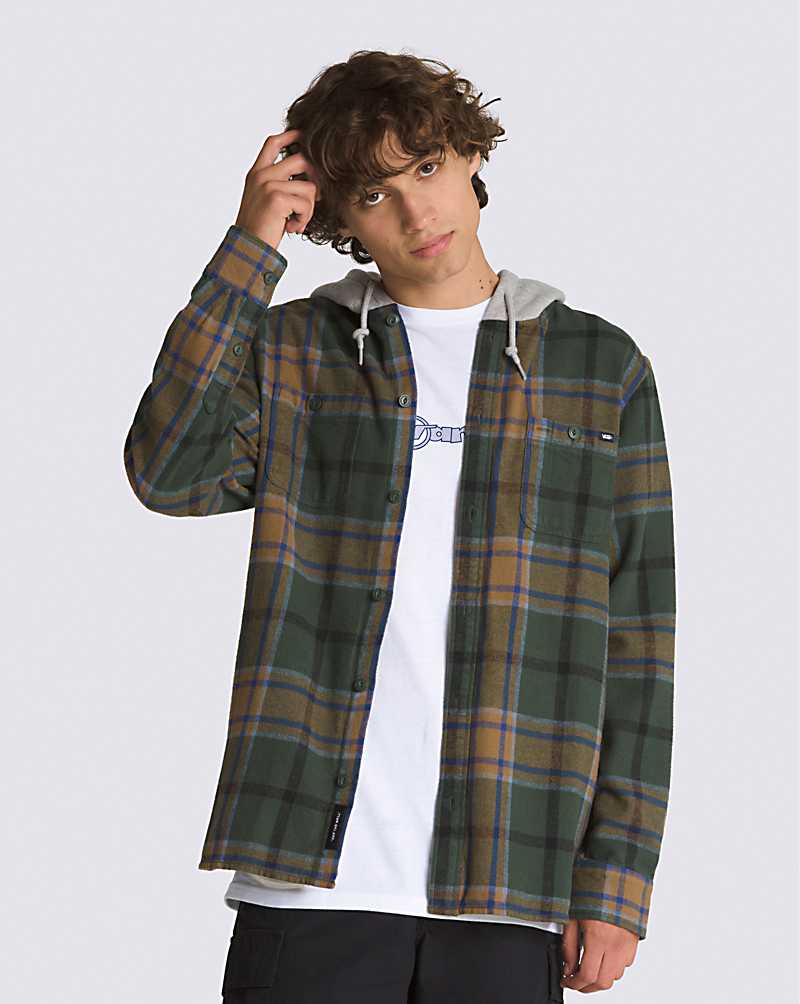 Vans Lopes Hooded Long Sleeve Flannel Men Shirts Deep Green / Olive | YS1-9241