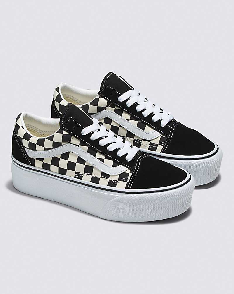 Vans Old Skool Stackform Checkerboard Shoe Women Platform Shoes Black / White | MD1-5972