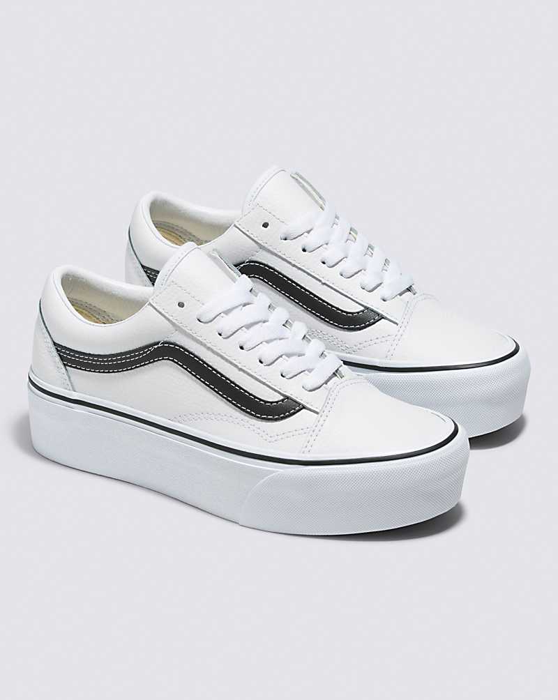 Vans Old Skool Stackform Leather Shoe Women Platform Shoes White / Black | AQ1-1643