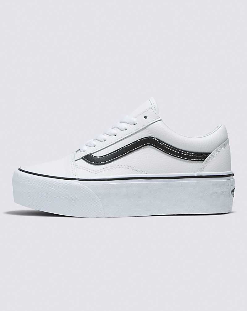 Vans Old Skool Stackform Leather Shoe Women Platform Shoes White / Black | AQ1-1643