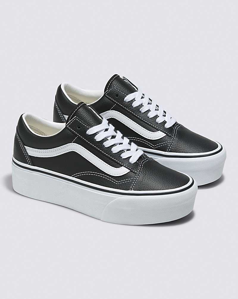 Vans Old Skool Stackform Leather Shoe Women Platform Shoes Black / White | AZ1-5007