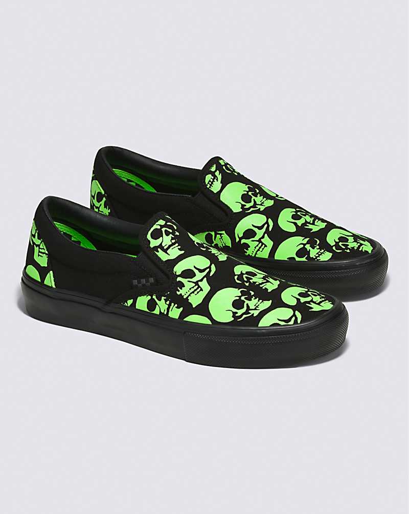 Vans Skate Slip-On Glow Skulls Men Skate Shoes Black / Green / Black | KV1-0382