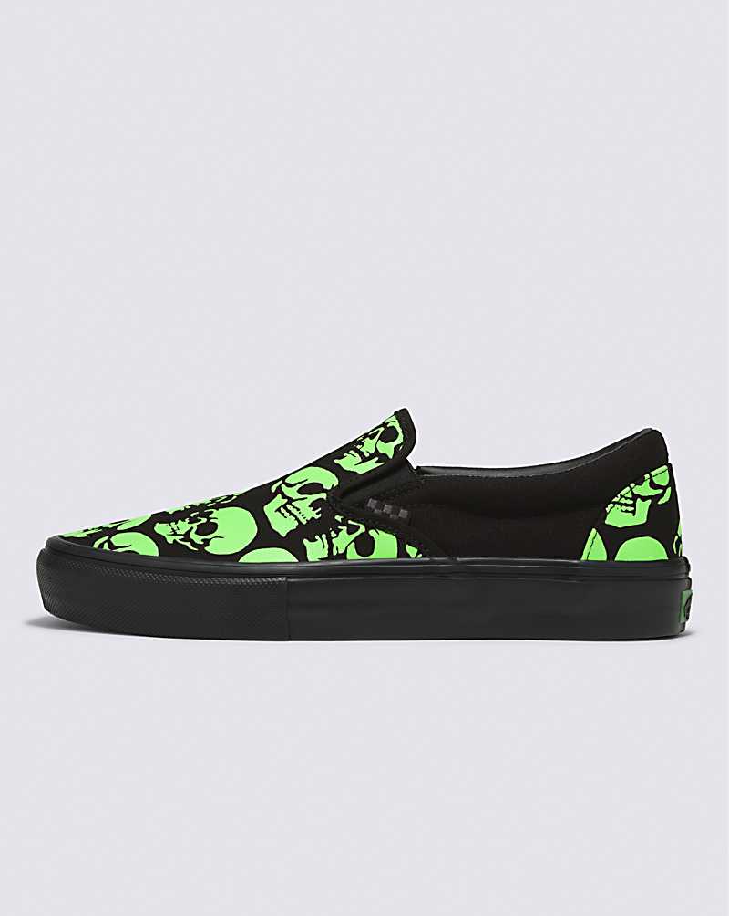 Vans Skate Slip-On Glow Skulls Men Skate Shoes Black / Green / Black | KV1-0382