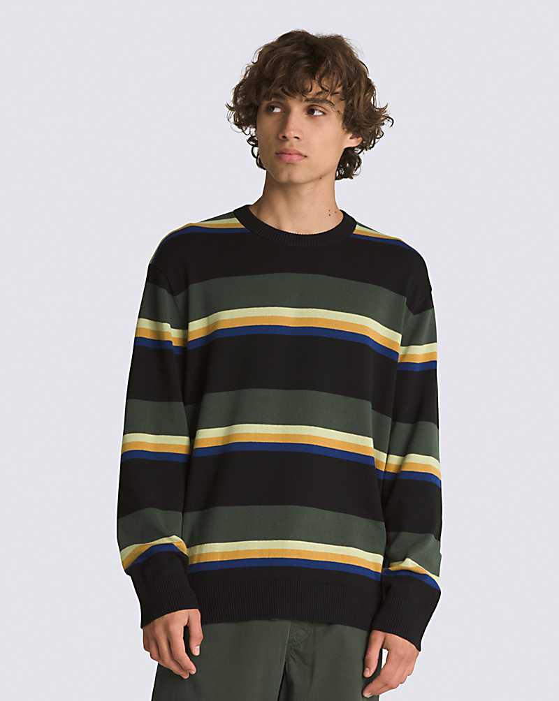 Vans Tacuba Stripe Crew Men Sweaters Black / Deep Green | RH1-7999