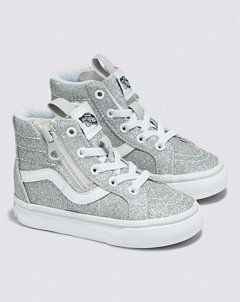 Vans Toddler Sk8-Hi Reissue Side Zip Glitter Shoe Kids' High Top Sneakers Silver / White | DW1-2119