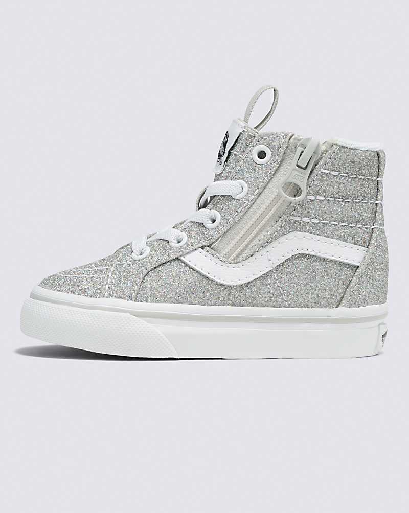 Vans Toddler Sk8-Hi Reissue Side Zip Glitter Shoe Kids\' High Top Sneakers Silver / White | DW1-2119