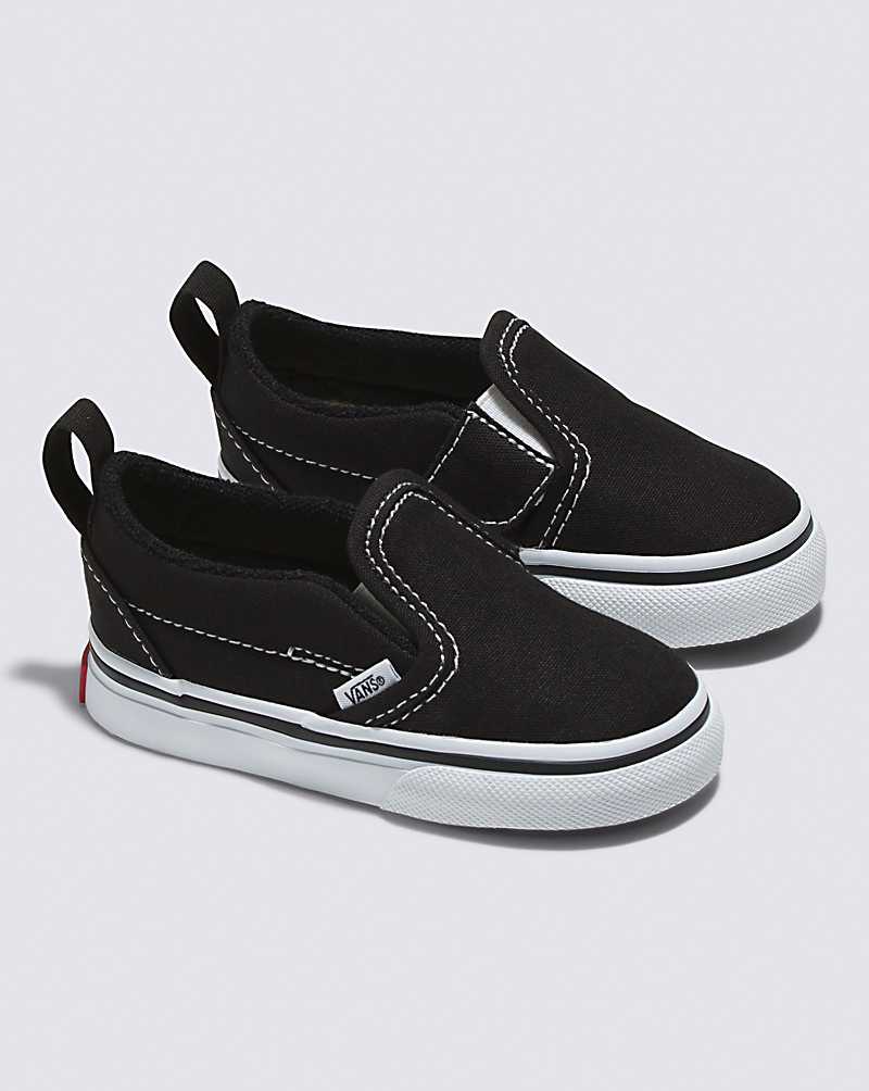 Vans Toddler Slip-On V Canvas Shoes Kids' Slip On Shoes Black / White | TM1-8222